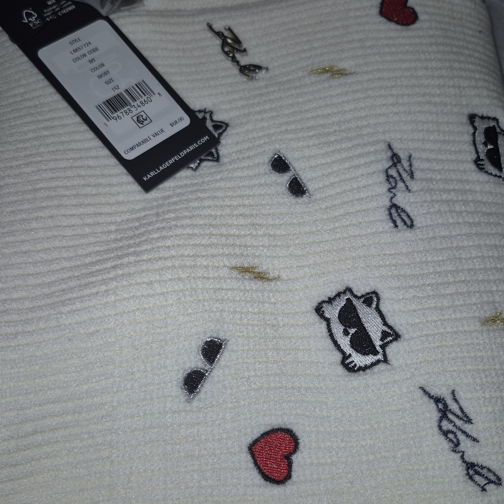 Karl Lagerfeld White Knit Scarf with Embroidered Accents NWT